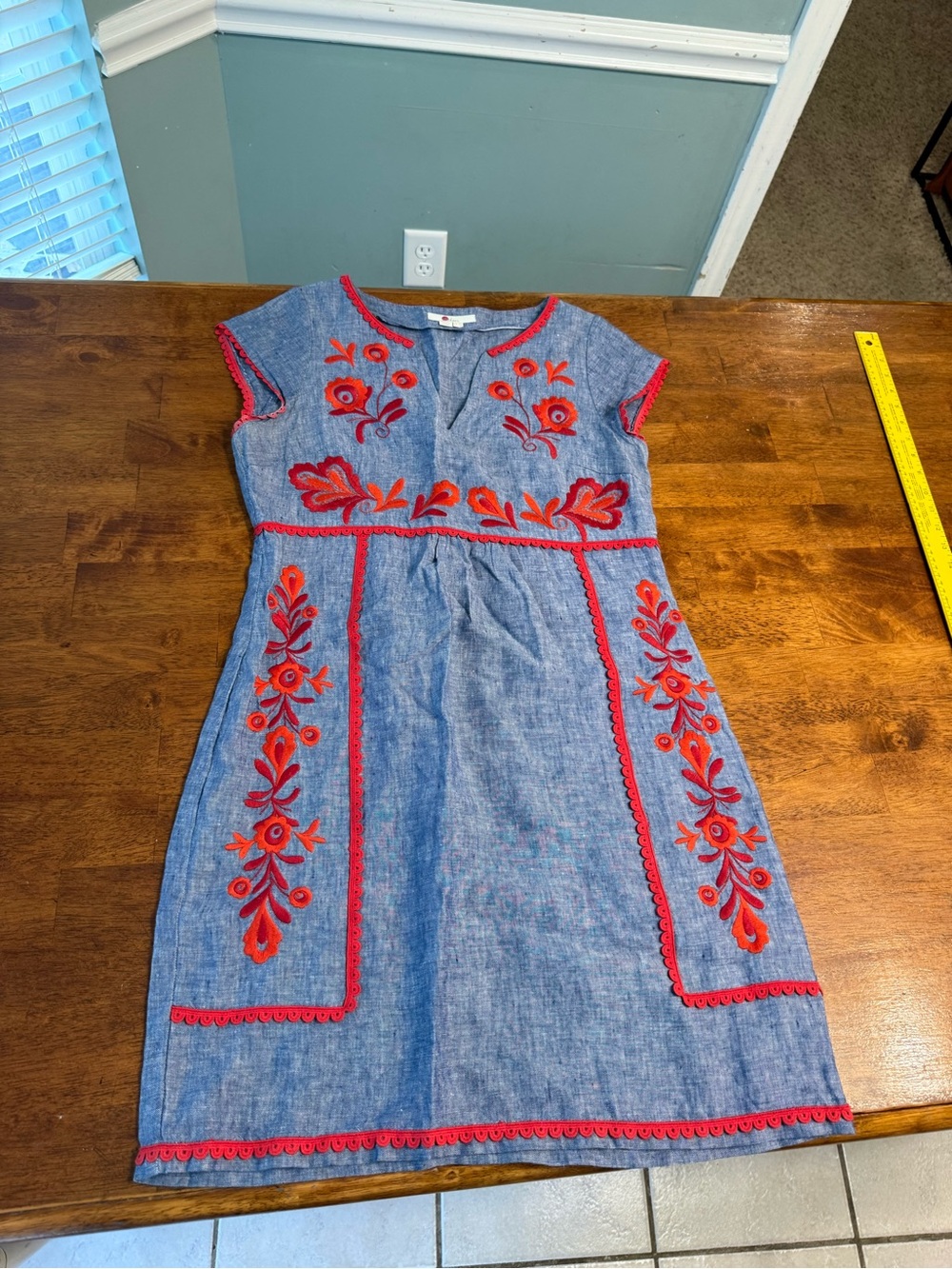 Boden Bea Embroidered Linen Shift Dress Cabin Blue Red Coral Folk US 6R W0292